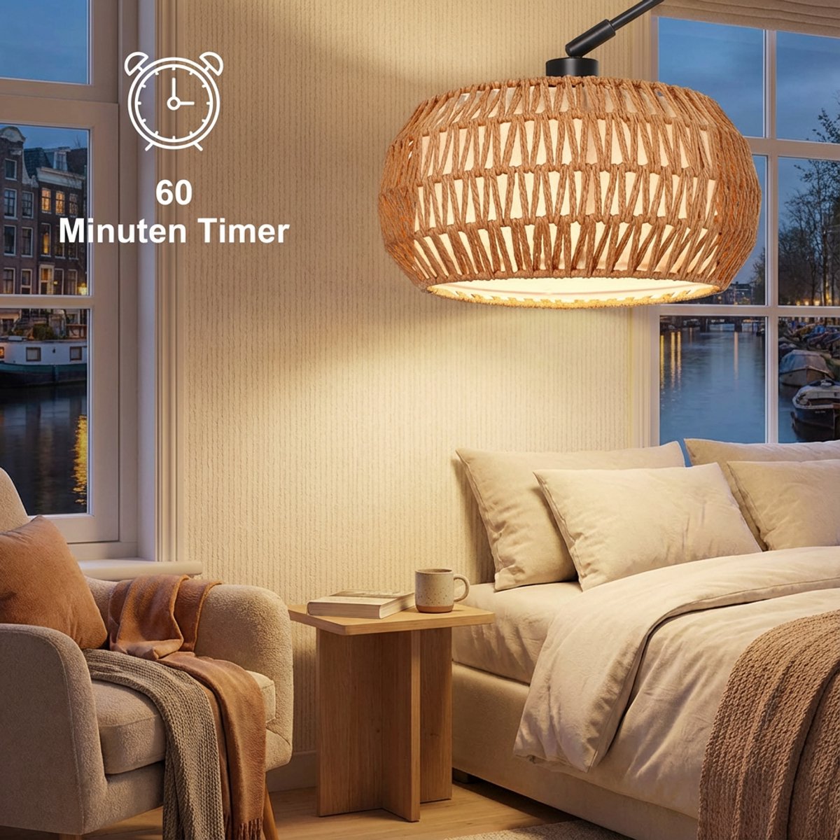Moderne Booglamp met Rotan Kap