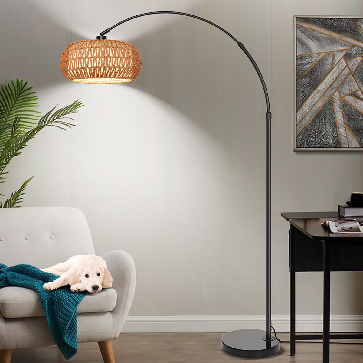 Moderne Booglamp met Rotan Kap