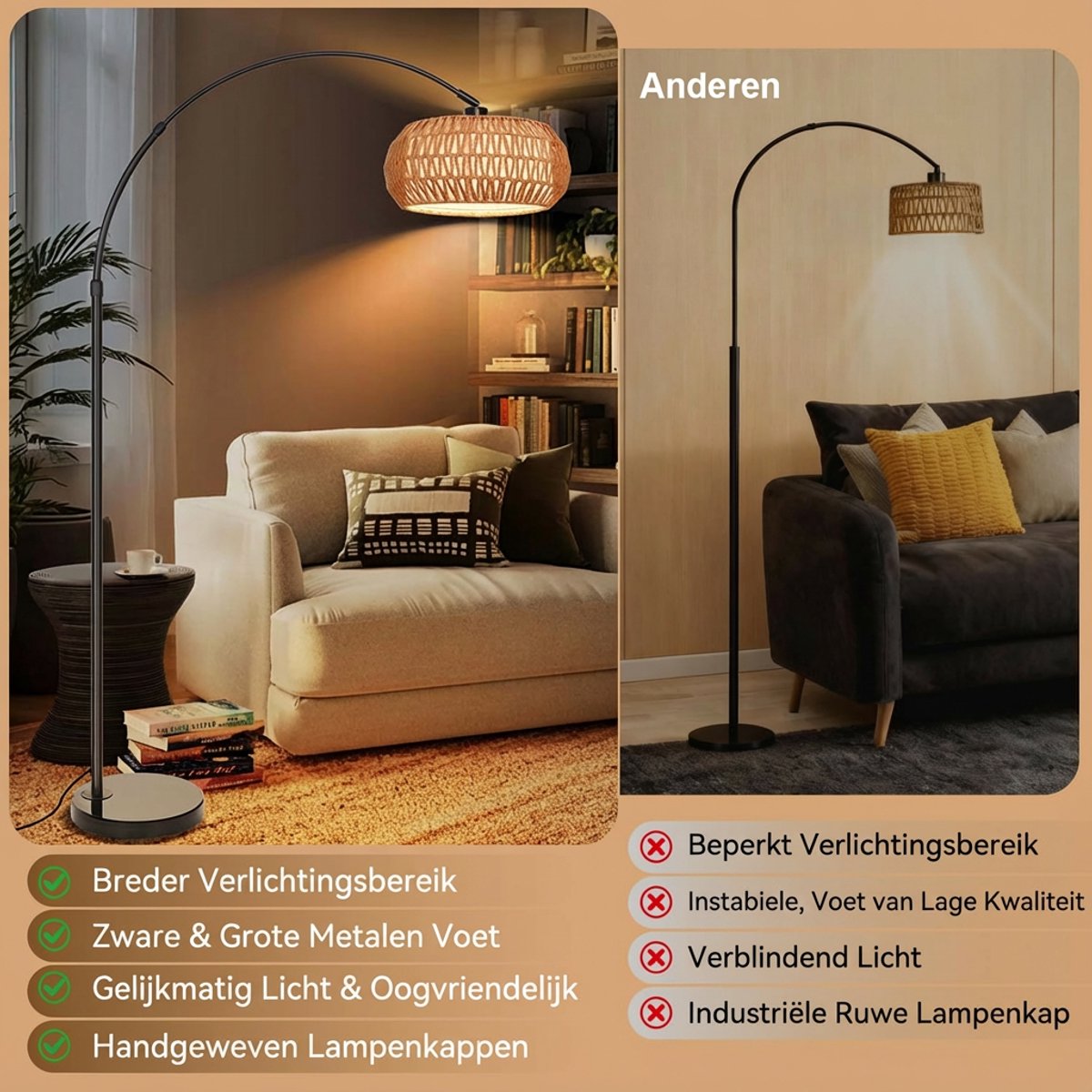 Moderne Booglamp met Rotan Kap